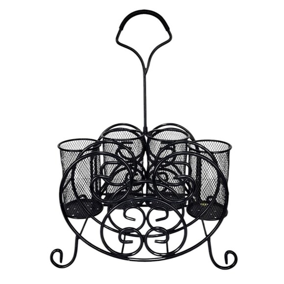 Vintage Black Metal Mesh Scroll Tabletop Utensil Napkin Buffet Caddy Organizer - Picture 2 of 14